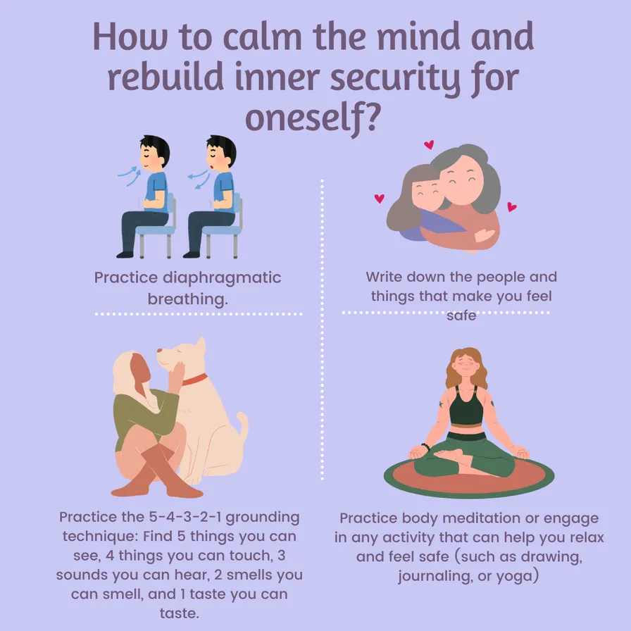 Infographic explaining techniques to calm the mind including belly breathing, safety lists, the 5-4-3-2-1 grounding exercise, and body-based practices