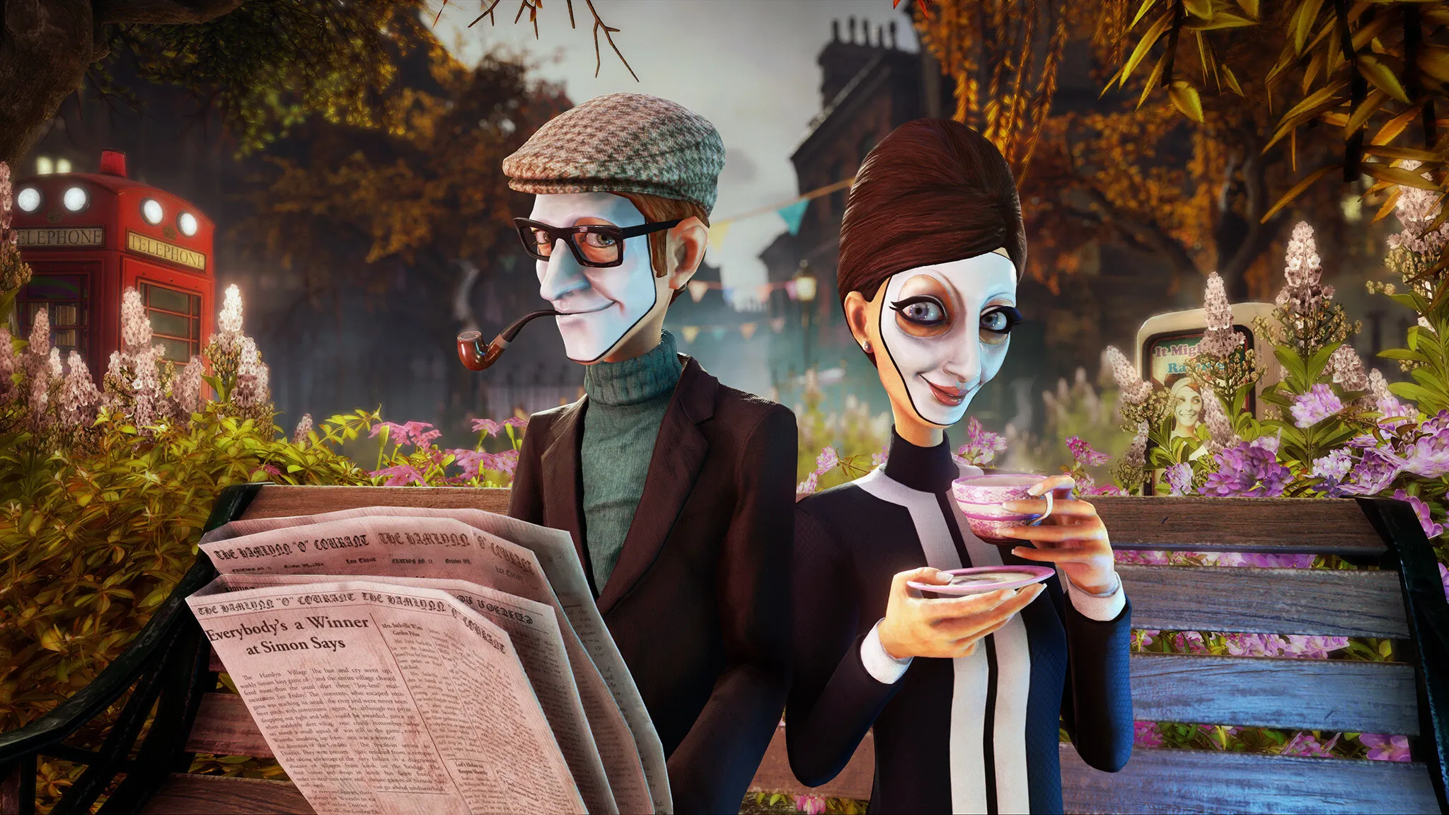 電子遊戲《We Happy Few》中兩個角色坐在公園長椅上，戴著畫著微笑的面具